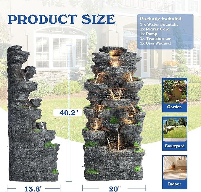Garden Waterfall Fountain Outdoor - Water Fountains and Waterfalls, Outdoor/Indoor Floor Standing Resin Water Fountain with LED Light for Patio, Garden and Backyard, Deck, Porch, Home (40" H)