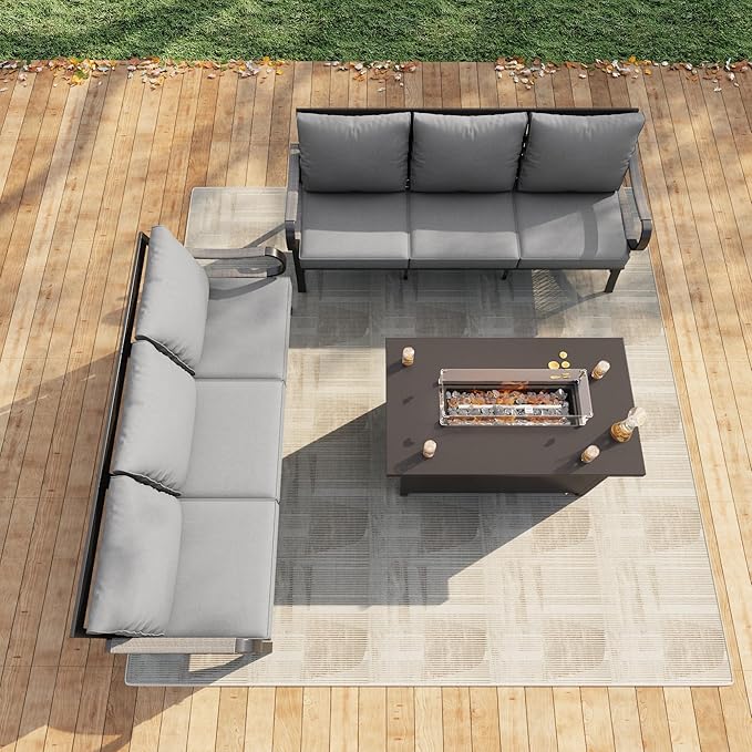 3 Pieces Patio Conversation Sets, All Weather Metal Outdoor Furniture Set, 2 Three-Seater Sofas, 1 Fire Pit Table for Backyard Garden Deck Porch Poolside, Gray