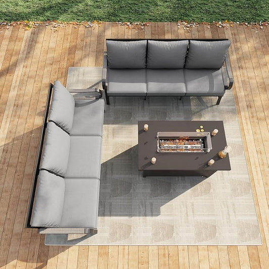 3 Pieces Patio Conversation Sets, All Weather Metal Outdoor Furniture Set, 2 Three-Seater Sofas, 1 Fire Pit Table for Backyard Garden Deck Porch Poolside, Gray