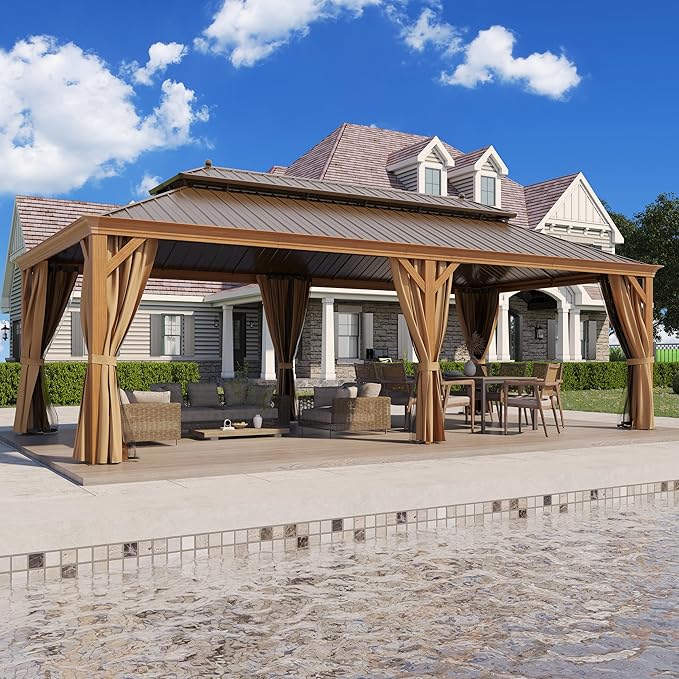 12' X 24' Hardtop Gazebo Outdoor Aluminum Patio Gazebo Double Roof Galvanized Steel Canopy Wooden Finish Coated with Netting and Curtains for Garden, Backyard,Deck and Lawns