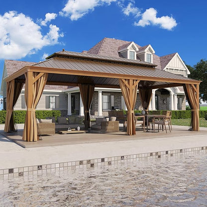12' X 24' Hardtop Gazebo Outdoor Aluminum Patio Gazebo Double Roof Galvanized Steel Canopy Wooden Finish Coated with Netting and Curtains for Garden, Backyard,Deck and Lawns