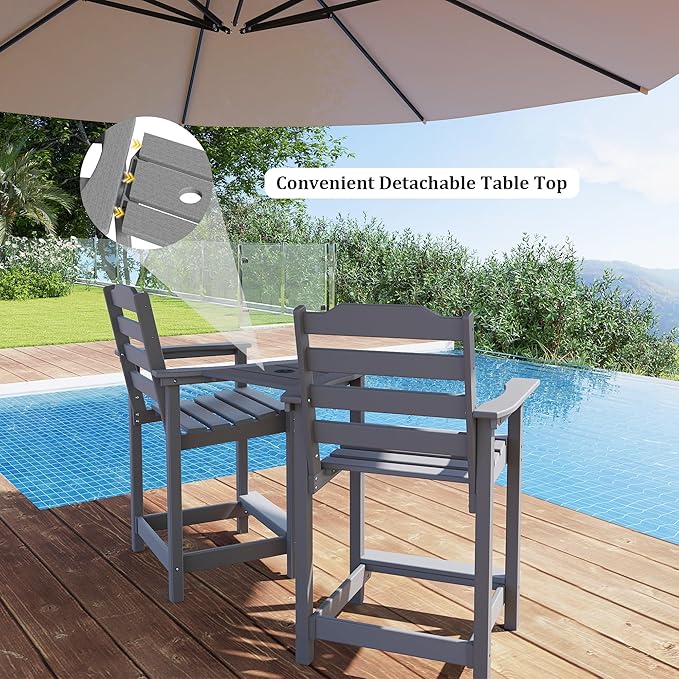 OTSUN Tall Adirondack Chairs Set of 4 with Connecting Tray, 24 inches HDPE Bar Height Outdoor Chairs, All Weather Resistant for Balcony, Porch, Kitchen (4 PCS, Grey)