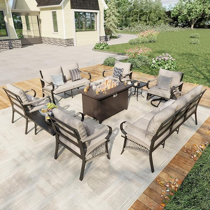 9 Pieces Outdoor Patio Conversation Sets with All Weather Cushions, Metal 3-Seater, 2 Swivel Rockers, 2 Single Chairs, 1 Loveseat, 1 Side Tables, 1 Coffee Table, 1 Fire Pit Table, Beige