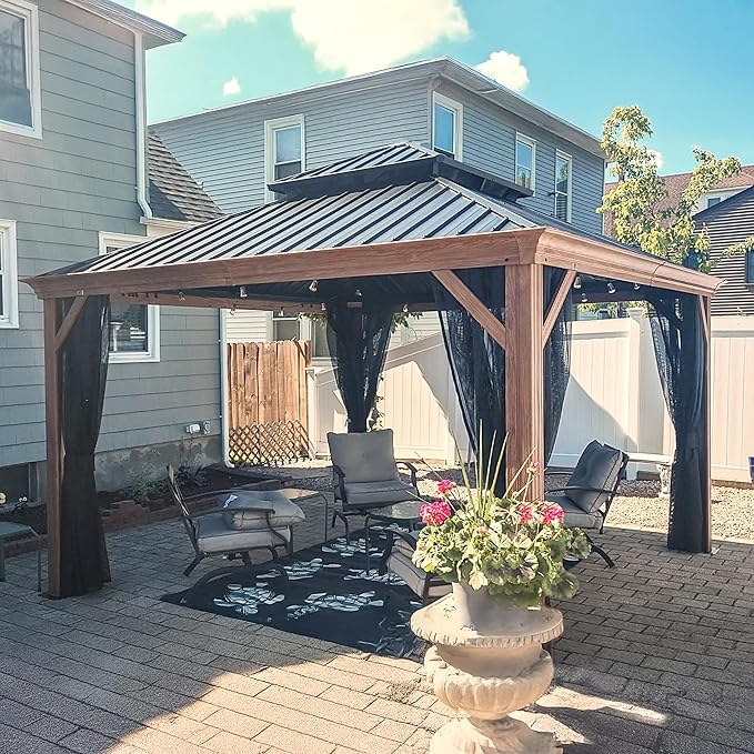 PURPLE LEAF 12' X 12' Outdoor Hardtop Gazebo for Patio Galvanized Steel Double Roof Permanent Canopy Teak Finish Coated Aluminum Frame Pavilion Gazebo with Netting