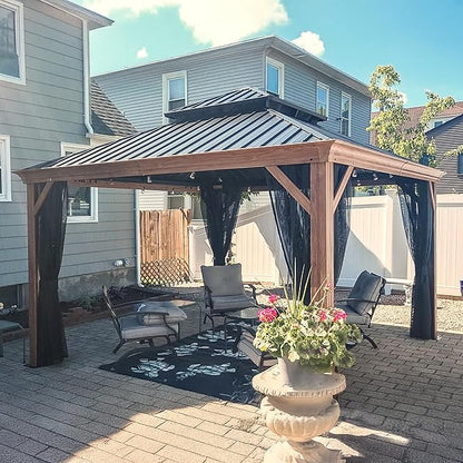 PURPLE LEAF 12' X 12' Outdoor Hardtop Gazebo for Patio Galvanized Steel Double Roof Permanent Canopy Teak Finish Coated Aluminum Frame Pavilion Gazebo with Netting