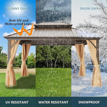 10x14 ft Hardtop Gazebo Outdoor Aluminum Patio Gazebo Double Roof Galvanized Steel Canopy with Netting and Curtains for Garden, Backyard, Deck and Lawns.