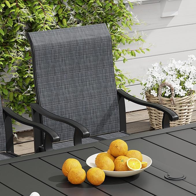 VICLLAX 5 Pieces Outdoor Dining Set, Patio Furniture Set of 4 Patio Swivel Dining Chairs and 40.6" Patio Spliced Round Tabletop with Storage Shelf, Dark Charcoal Chairs & Walnut Tabletop