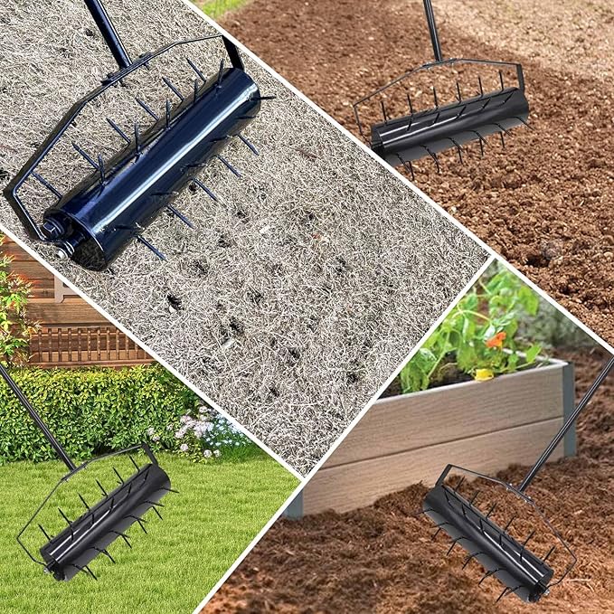 18 Inch Heavy Duty Rolling Lawn Aerator, Adjustable Weight Manual Roller Lawn Aerator Tool with Pre-Welded Spike, Hand Roller Soil Aerator for Garden Yard Lawn Grass Care with 49 Inch Steel Handle