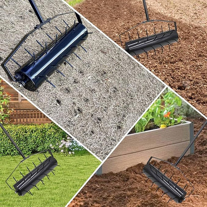 18 Inch Heavy Duty Rolling Lawn Aerator, Adjustable Weight Manual Roller Lawn Aerator Tool with Pre-Welded Spike, Hand Roller Soil Aerator for Garden Yard Lawn Grass Care with 49 Inch Steel Handle