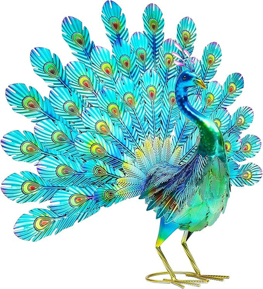27.5in Tall Metal Peacock Garden Statue - Handmade, 3D Textured, Tail Spread Sculptures for Patio, Garden or Entryway.