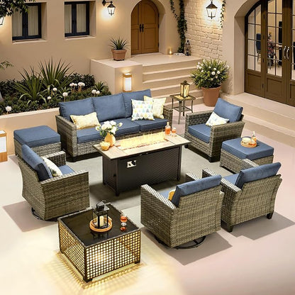 ovios 10 Pieces Patio Furniture Set with Swivel Chairs Rocking Gliders, 54" Fire Pit Table, Outdoor Sofa Couch with Solar Lights Table, Modern Deep Seat Wicker Rattan Conversation Set, Denim Blue
