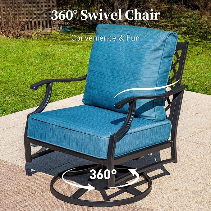 4 Piece Metal Outdoor Patio Furniture Set, Patio Conversation Sets 3-seater Sofa, 2 Swivel Chair with 5.75" Extra Thick Cushion and Coffee Table, Black Frame Backyard Furniture, Blue-2