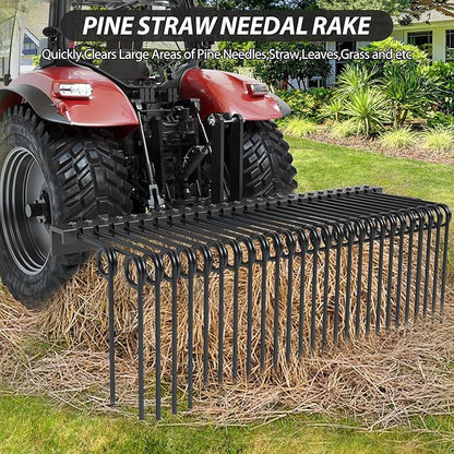 60" Durable Powder Coated Steel Pine Straw Rake, Steel Spring Landscape Rake for Leaves, Pine Needles, Straw, and Grass Attaches to Cat 0 Cat 1,3 Point Hitch Tractor, Black