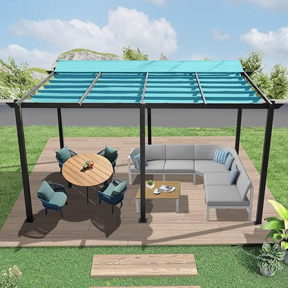 Domi Outdoor Living 11’ X 16’ Outdoor Retractable Pergola with Weather-Resistant Canopy Aluminum Garden Pergola Patio Grill Gazebo for Courtyard (Lake Blue)