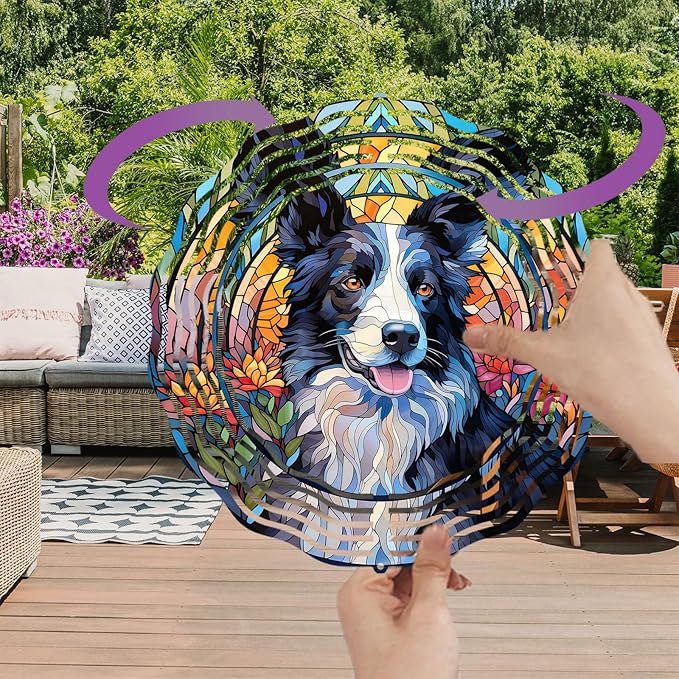 Border Collie Wind Spinner Pet Dog Memorial Gifts 3D Aluminum Metal Kinetic Hanging Wind Sculpture Spinners for Yard and Garden Indoor Outdoor Window Garden Decoration 8 Inch (Border Collie 1)