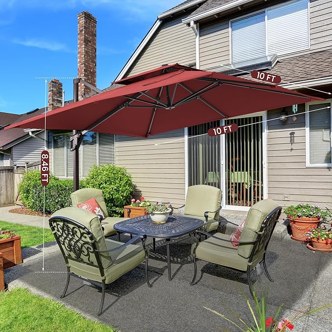 10x10 FT Cantilever Patio Umbrella with Base Included Double Top Outdoor Square Large Heavy Duty Aluminum Offset Umbrellas with 7 Level Tilt 360-degree Rotation for Pool Garden Deck,Wine Red