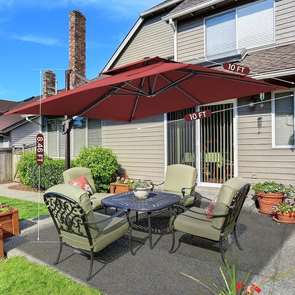 10x10 FT Cantilever Patio Umbrella Double Top Outdoor Square Large Heavy Duty Aluminum Offset Umbrellas with 7 Level Tilt 360-degree Rotation for Pool Garden Deck, Wine Red