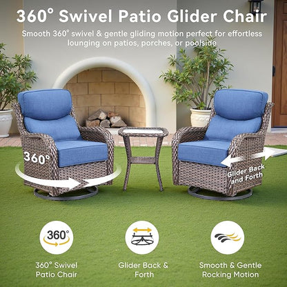 Luxury High Back Outdoor Swivel Rocker Patio Chairs with Side Table & 6-Inch Thick Cushions, 3 Pieces Patio Furniture Set for Porch, Balcony, Deck and Yard