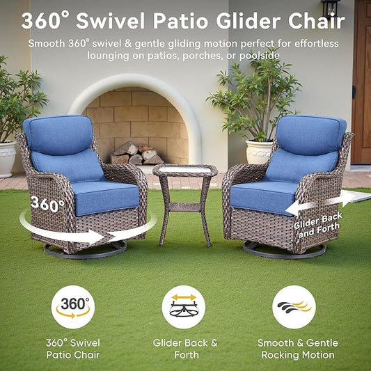 Luxury High Back Outdoor Swivel Rocker Patio Chairs with Side Table & 6-Inch Thick Cushions, 3 Pieces Patio Furniture Set for Porch, Balcony, Deck and Yard