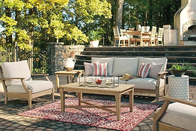 Signature Design by Ashley Carter Hall Outdoor Eucalyptus Neutral Patio Lounge Chair with Thick Performance Fabric Cushion, Beige