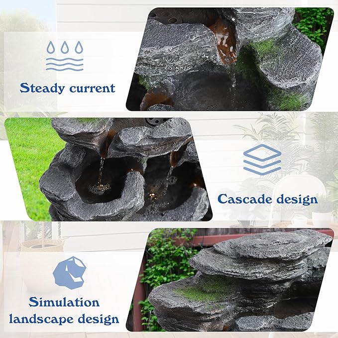 TITIMO 7-Tier Cascading Rock Water Fountain Outdoor Garden Waterfall with Lights,Fountain Indoor Decor for Garden, Patio, Backyard, Deck, Porch and Home Art Decor (24" H)