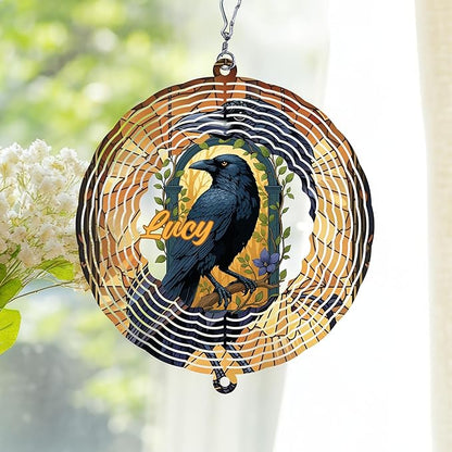 Personalized Raven Wind Spinner 3D Stainless Steel, Raven Garden Spinner Hanging Outdoor Decor, Wind Spinners Outdoor, Custom Gift for Grandmother, Mom, Wife