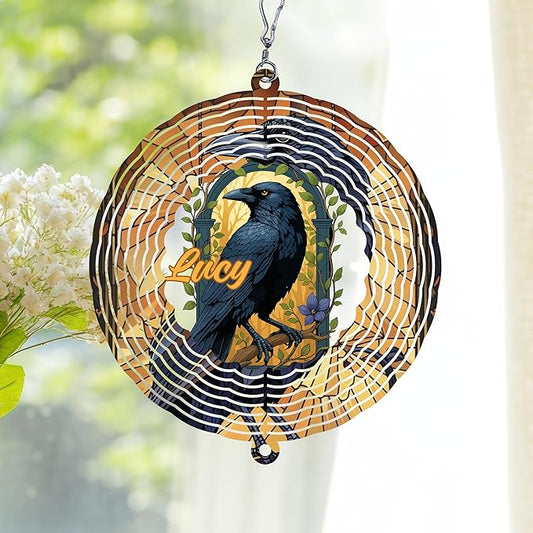 Personalized Raven Wind Spinner 3D Stainless Steel, Raven Garden Spinner Hanging Outdoor Decor, Wind Spinners Outdoor, Custom Gift for Grandmother, Mom, Wife