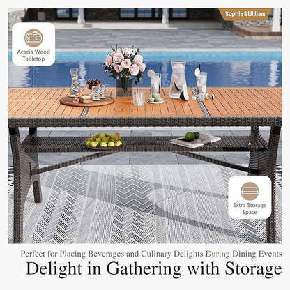 Sophia & William 7 Piece Patio Dining Set, Patio Table and Chairs Set Outdoor Dining Set for 6, Acacia Wood Patio Dining Table Set with PE Rattan Wicker Chairs for Garden, Porch, Backyard