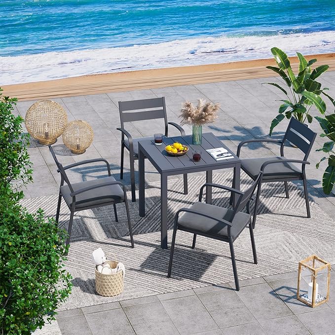 Soleil Jardin Outdoor Aluminum 4-Piece Patio Dining Chairs with Cushions, Stackable Bistro Chairs for Balcony, Garden, Backyard, Dark Grey Finish & Grey Cushion