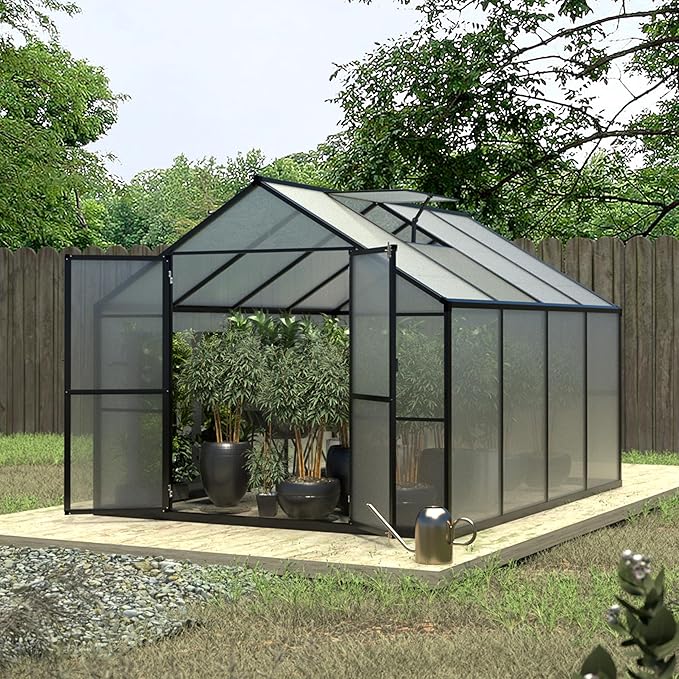 MUPATER 8 x 8 FT Outdoor Polycarbonate Greenhouse Kit with Sliding Lockable Door, Walk-in Backyard Green House with Aluminum Frame & Adjustable Roof Vent for Outdoor, Gray