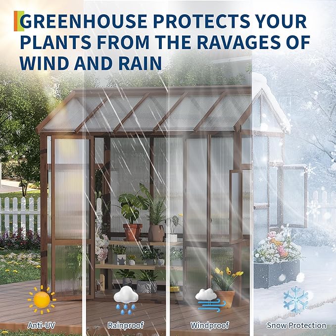 6x8 FT Wooden Greenhouse for Outdoor - Heavy Duty Walk-in Green House Kit with 6mm Polycarbonate, Ventilated Window & Lockable Door for Backyard, Patio, Lawn