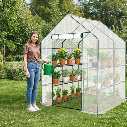Outvita Walk-in Greenhouse, Outdoor Durable PE Plant Green House for Frost Protection with 3 Tiers 8 Shelves, Shelf Clips, Roll-up Zipper Door, 56"x56"x77" White