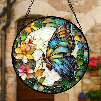 Stained Glass Window Hanging, Butterfly Flower Sun Catchers Diamond Glass Panel Hangings Insect Suncatcher Decor for Birthday for Women, Men, Wife, Aunt, and Mom 6.3 in