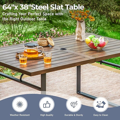 7 Piece Patio Dining Set for 6, 64” Rectangular Wood-Like Metal Table with Umbrella Hole and 6 Chairs, Outdoor Table and Chairs Set for Lawn Backyard and Deck, Brown