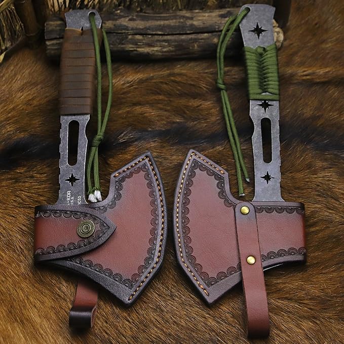 BA-KOR 12.2-inch DC53 Steel 10mm Thick Multi-Functional Survival Axe for Camping, EDC Tool, Jungle Logging Axe + Axe Sheath (5.9in) Cerium igniter