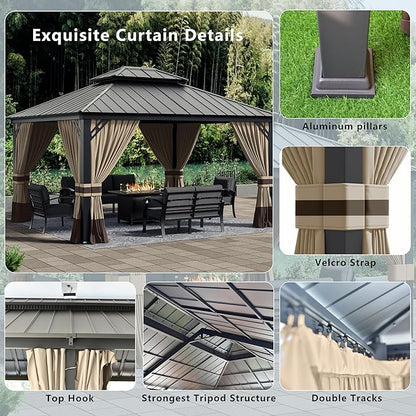 12x14ft Hardtop Gazebo Double Roof, Outdoor Pavilion with 2-Layer Hard top Galvanized Iron Frame Garden Tent, Suitable for courtyards, backyards, Decks, and Grass