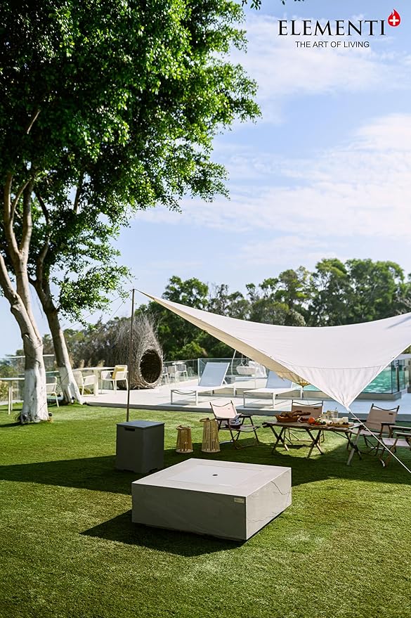 Elementi+ | Capertee Gas Fire Pit Cast Concrete 40" Square Fire Table, Outdoor Fire Pit Electronic Ignition | Canvas Cover, Fire Glass and Burner Lid Included | Light Gray | Natural Gas