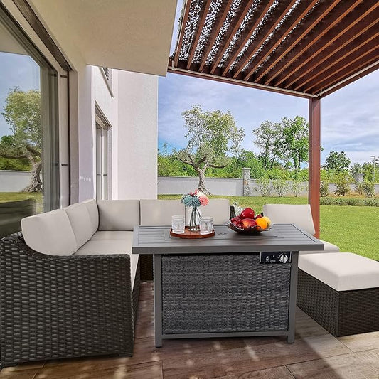 Fire Pit Table, HAPPATIO 42inch 50000 BTU Propane Fire Pit with Mental Fence Table Top, Lid, Black Glass Rock, CSA Safety Certified for Patio Balcony Backyard (Gray)