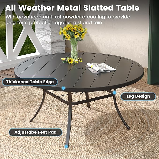 DIFY 9 Pieces Outdoor Patio Dining Set, 8 Brown Textilene Swivel Dining Chairs and 60" Black Round Metal Dining Table, Outdoor Table and Chairs