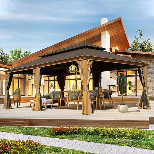 Domi 14' X 24' Hardtop Gazebo Outdoor Metal Gazebo Canopy with Galvanized Steel Double Roof, Wood Grain Aluminum Frame, Curtains and Netting for Patio, Deck, Garden