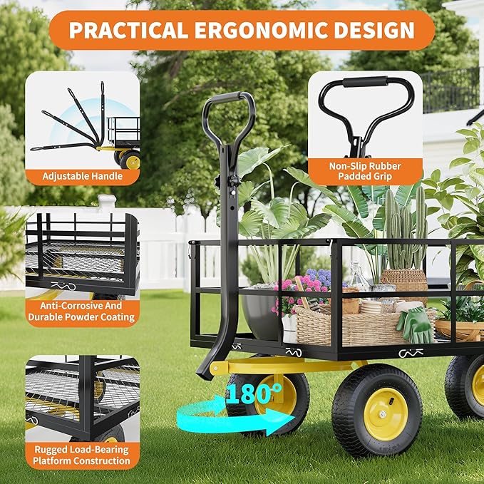 Metal Wagon - 1200lbs Garden Cart with 10" Multi-Terrain Tires, 4 Removable Mesh Sides & 180° Swivel Handle, Yard Wagon Cart for Lawn, Yard, Patio Gardening