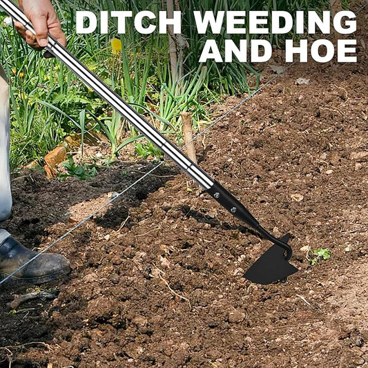 Warren Hoe, Carbon Steel Triangle Garden Hoe with Stainless Steel 57" Adjustable Long Handle, Heavy Duty Gardening Hand Tools Hoe for Ridging Weeding Digging Loosening Edging Soil, balck