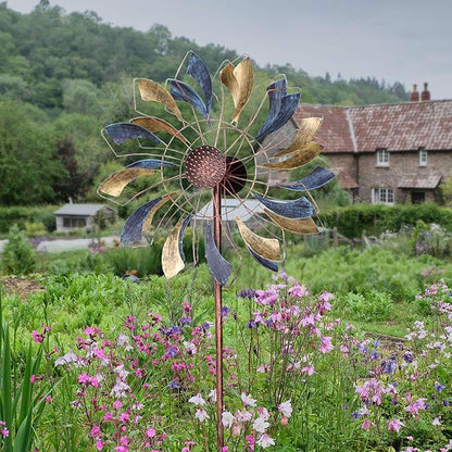 Sunnydaze Metallic Pinwheel Metal Garden Wind Spinner - Removable Pole Sections for Adjustable Height - Dual-Motion Blades - 84.5" H