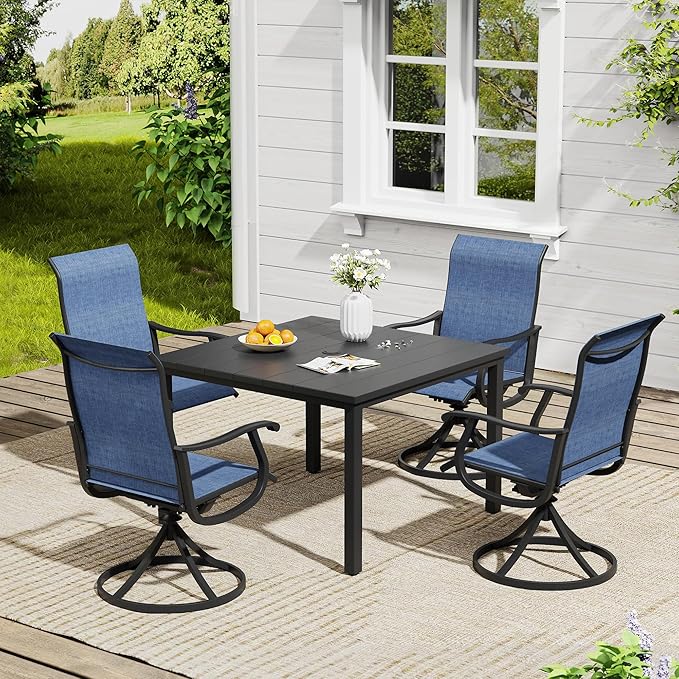 VICLLAX 5 Pieces Outdoor Dining Set, Patio Furniture Set of 4 Patio Swivel Dining Chairs and Square Patio Table, Navy Blue Chairs & Black Tabletop