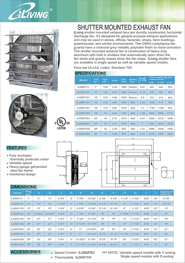 iLiving - 16" Wall Mounted Exhaust Fan - Automatic Shutter - Variable Speed - Vent Fan For Home Attic, Shed, or Garage Ventilation, 1200 CFM, 1800 SQF Coverage Area (Power Cord Not Included)