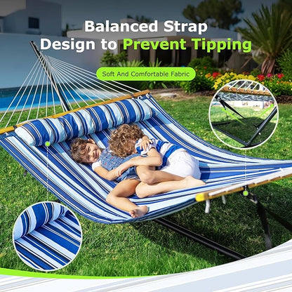 Double Hammock with Stand for Outdoor, Heavy Duty Portable Hammock with Adjustable Steel Stand for Patio, Garden, Beach, Backyard - Includes Carrying Bag,Blue