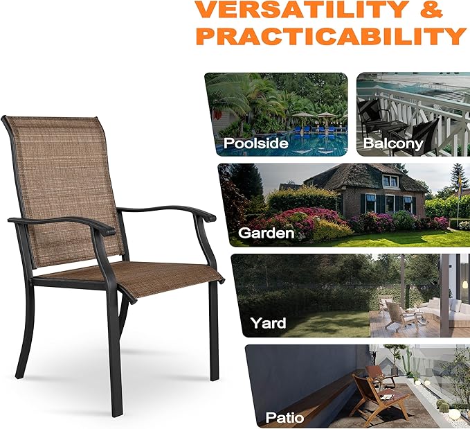 NUU GARDEN 4 Piece Outdoor Patio Dining Chairs, Textilene Dining Chairs with High Back, Patio Furniture Chairs with Armrest, Iron Frame for Lawn Garden Backyard Deck, Black and Brown