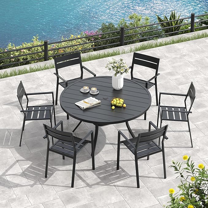 VICLLAX Outdoor Patio Round Dining Table, 53"x 53" Metal Slatted Round Tabletop with Adjustable Umbrella Hole for Deck Lawn Garden Backyard, Black