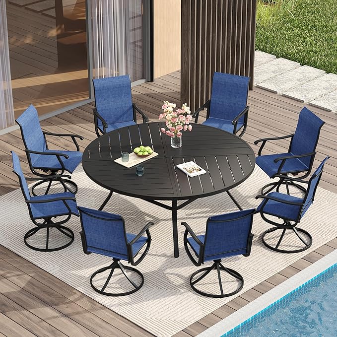 VICLLAX 9 Pieces Patio Dining Set for 8 Includes 60" Outdoor Round Table and 8 Patio Swivel Chairs for Lawn Garden, Black Tabletop and Blue Fabric