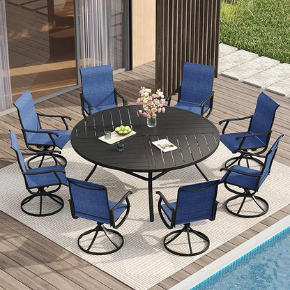 VICLLAX 9 Pieces Patio Dining Set for 8 Includes 60" Outdoor Round Table and 8 Patio Swivel Chairs for Lawn Garden, Black Tabletop and Blue Fabric